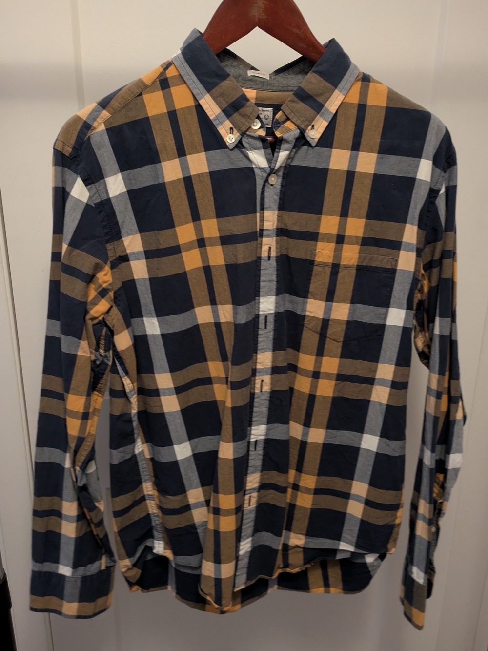 J. Crew Men's Navy, Mustard and Gray Plaid Button-Down Shirt